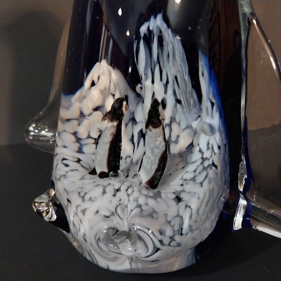 Penguin Paperweight Art Glass Baby Penguins Inside Blue - Picture 5 of 7